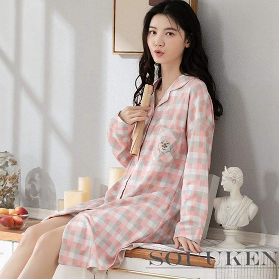 パジャマ レディース ワンピース 綿100 春秋用 長袖 ナイトガウン 暖かい 女性用 かわいい ルームウェア おしゃれ 柔らかい 前開き 有名ブランド