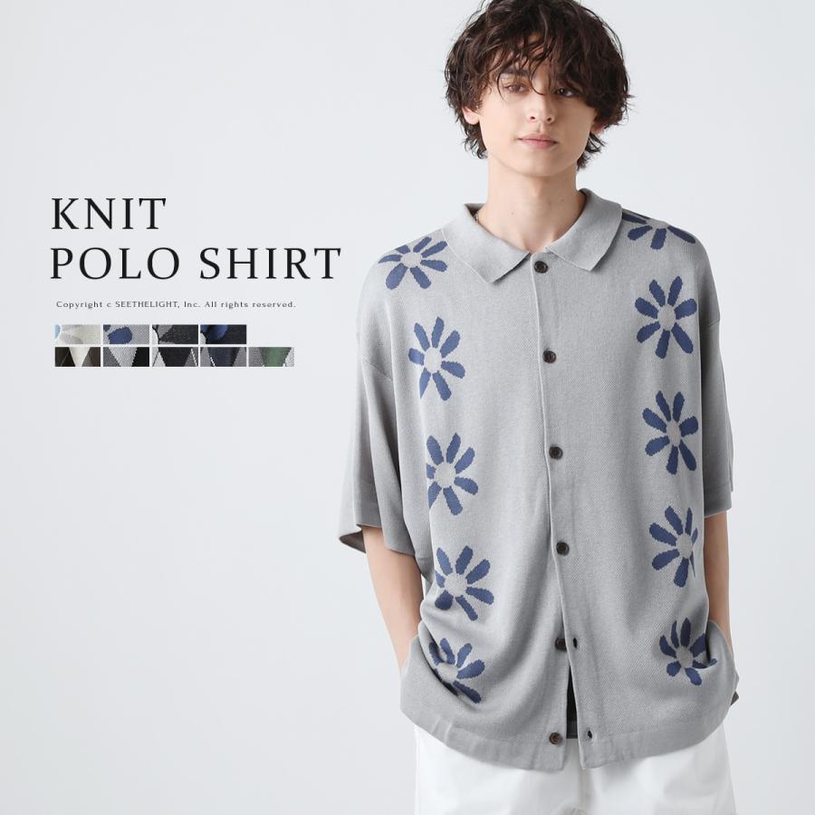 マチャット ポロニットシャツ ニットポロ ポロシャツ シャツ メンズ ファッション 麻タッチ 5分袖 花