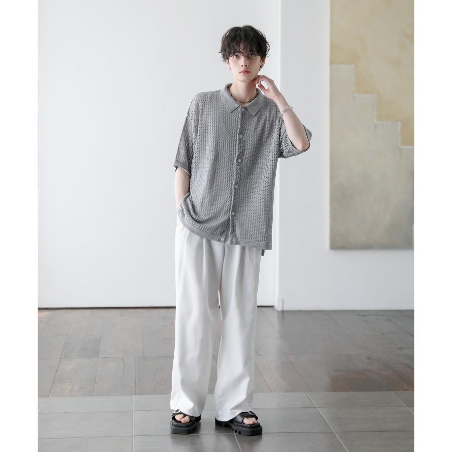 サマーニット メンズ シャツ クロシェ メッシュ シアー 編み 涼しい