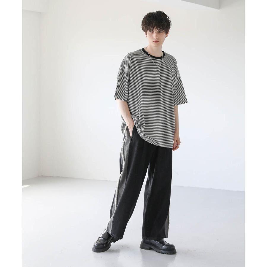 メンズ デニムパンツ フリンジ 切替 ワイド バギー デニム S M L メンズ デニムパンツ フリンジ 切替 ワイド バギー デニム S M L