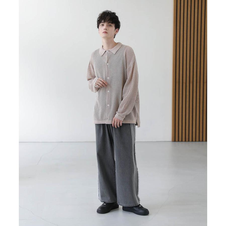 ニット シャツ メンズ クロシェ メッシュ 編み シアー長袖 S M L