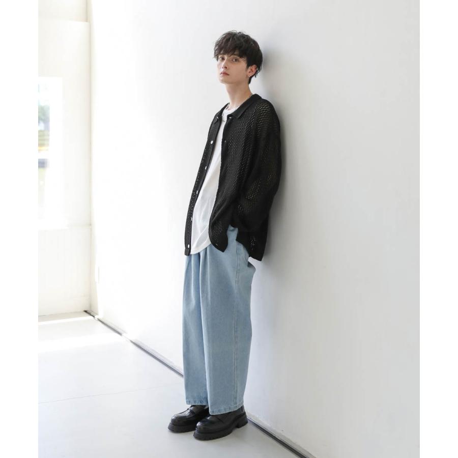 ニット シャツ メンズ クロシェ メッシュ 編み シアー長袖 S M L