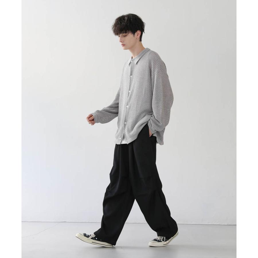 ニット シャツ メンズ クロシェ メッシュ 編み シアー長袖 S M L