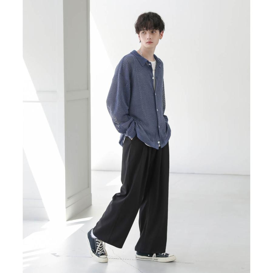 ニット シャツ メンズ クロシェ メッシュ 編み シアー長袖 S M L
