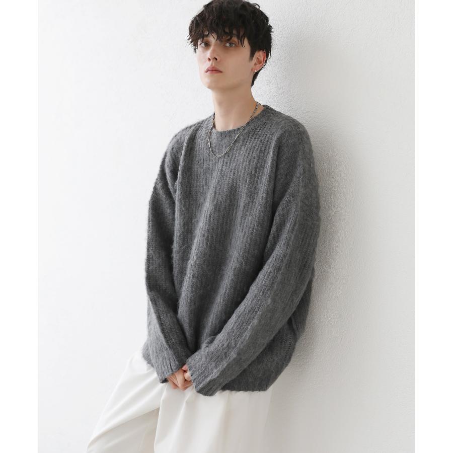モヘアライクオーバーサイズドルマン風クルーネックニット 長袖 秋 冬