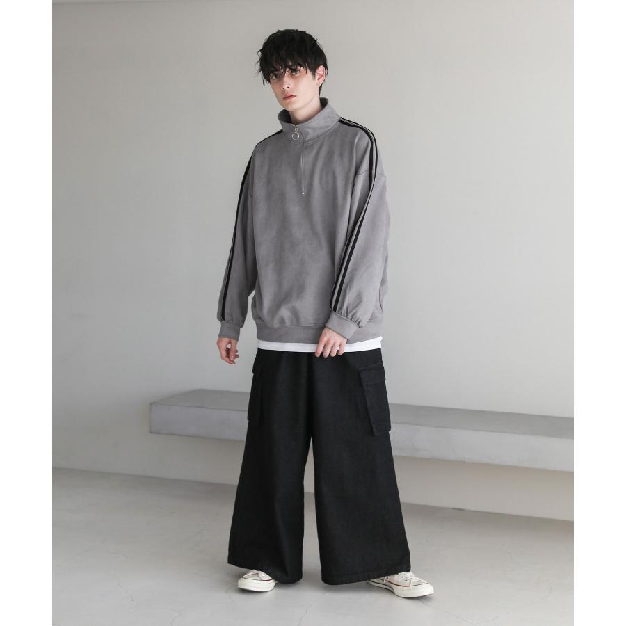 ハーフジップ スウェット メンズ フェイクスウェード 袖 ライン プル