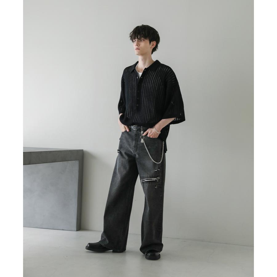 メンズ ニット シャツ オーバーサイズ 透かし 編み 半袖 ハーフ