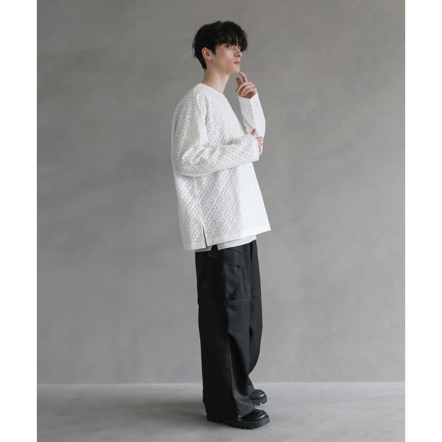 メンズ カットソー Tシャツ ルーズシルエット レース クルー プル