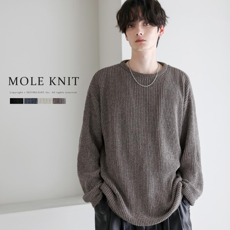 ニット メンズ モール ジャガード クルーネック 秋 冬 S M ブラック