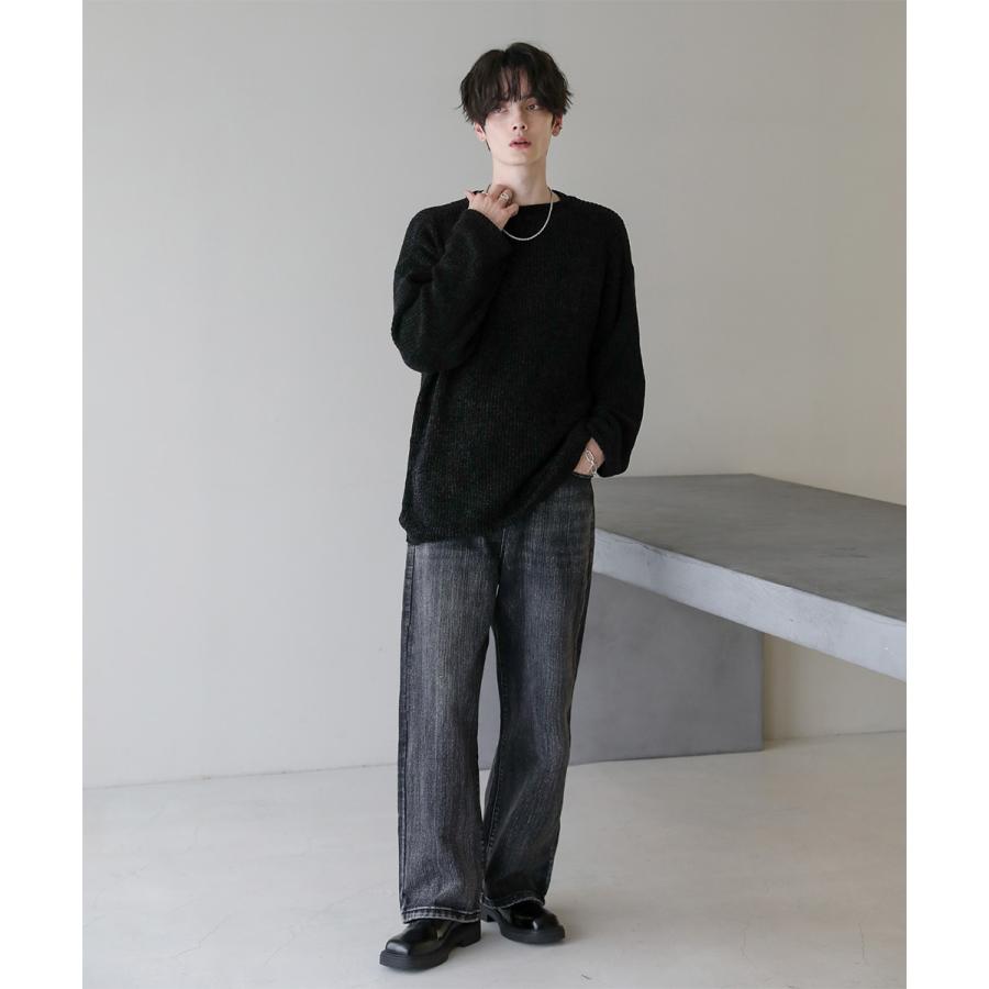 ニット メンズ モール ジャガード クルーネック 秋 冬 S M ブラック