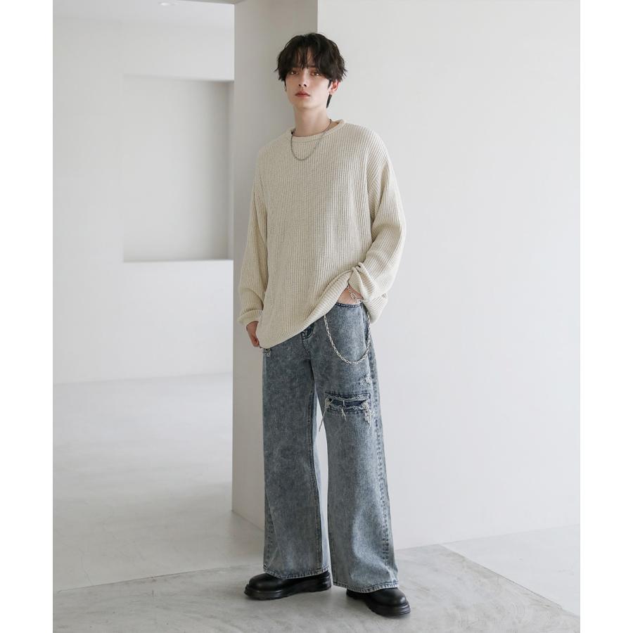 ニット メンズ モール ジャガード クルーネック 秋 冬 S M ブラック