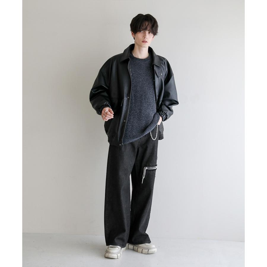 ニット メンズ モール ジャガード クルーネック 秋 冬 S M ブラック