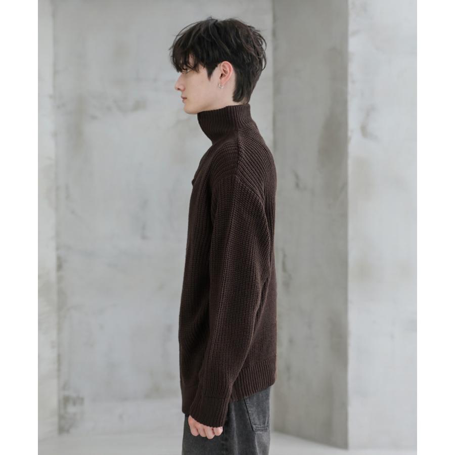 ニット メンズ ハーフジップ ビッグシルエット 畦編み 防寒 ハイネック