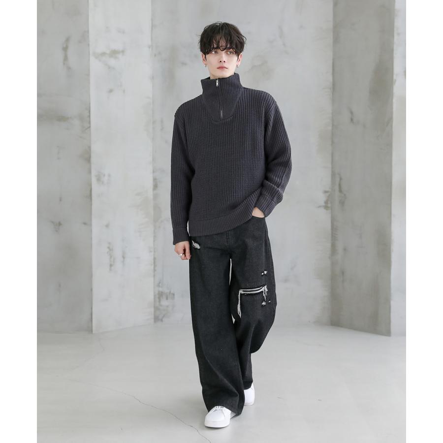 ニット メンズ ハーフジップ ビッグシルエット 畦編み 防寒 ハイネック