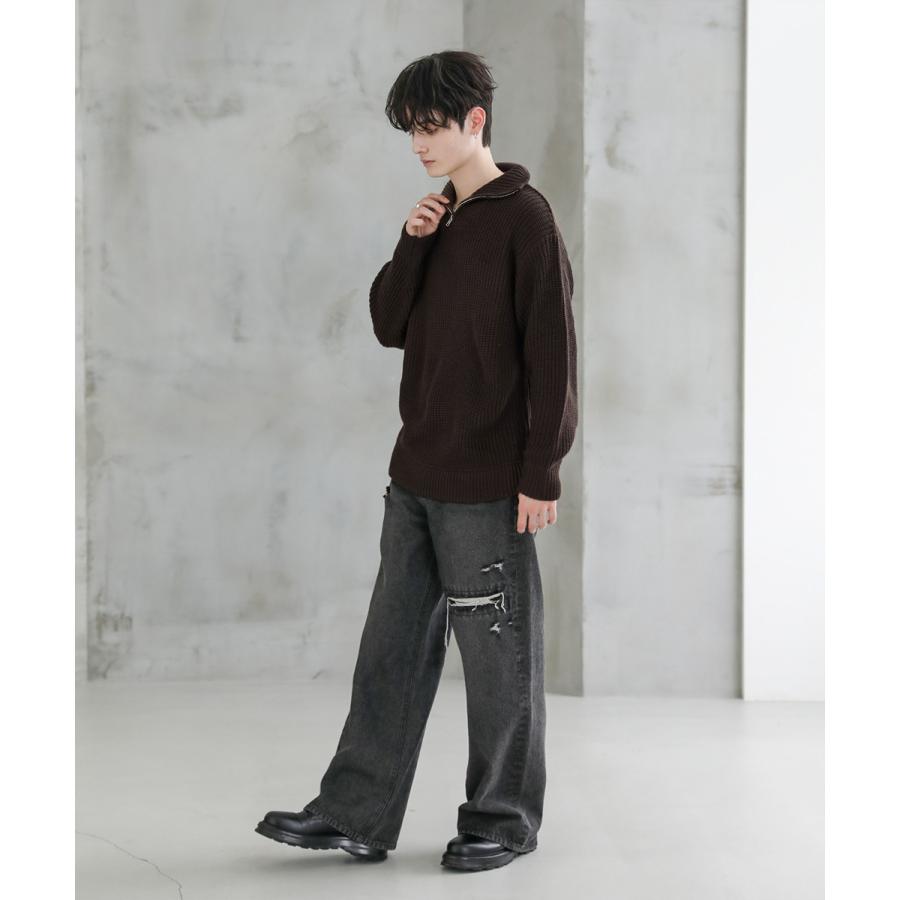 ニット メンズ ハーフジップ ビッグシルエット 畦編み 防寒 ハイネック