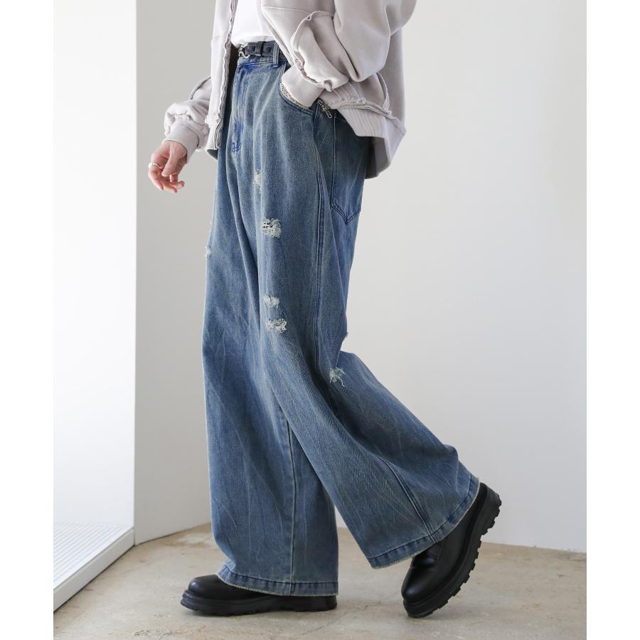 FREAK'S STORE/ワイドシルエット カーブ ダメージ加工 デニム