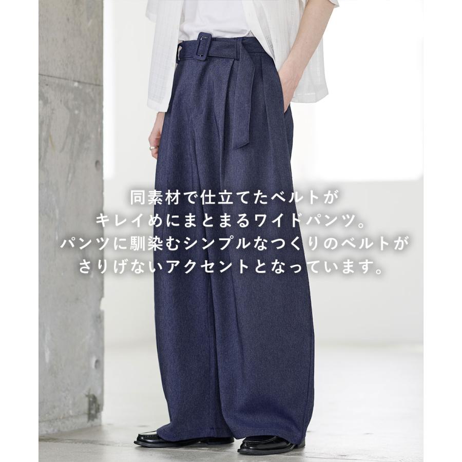 ネイビー ワイドパンツ ポリエステル ワイドパンツ パンツ メンズ 春 夏 ポリエステル 綿 ベルト付き タック