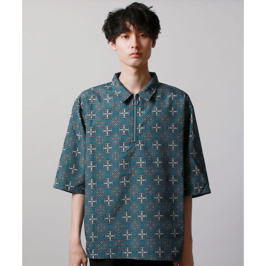 総柄 ワイド スリーブ 5分袖 ハーフ ジップ シャツ トップス トレンド