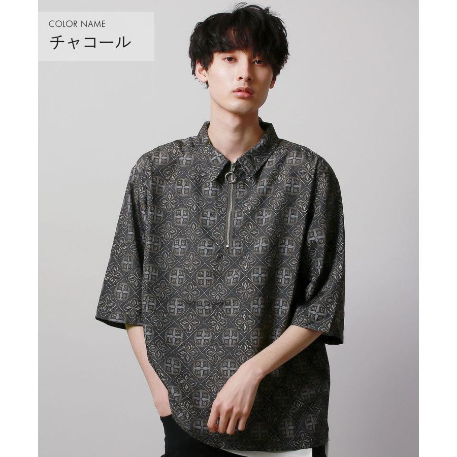 総柄 ワイド スリーブ 5分袖 ハーフ ジップ シャツ トップス トレンド