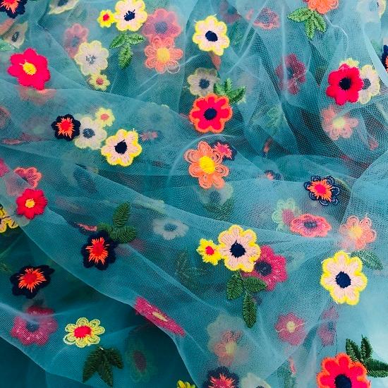 エトロ オーガンジー生地 多色刺繍 オーガンジー刺繍》オレンジ