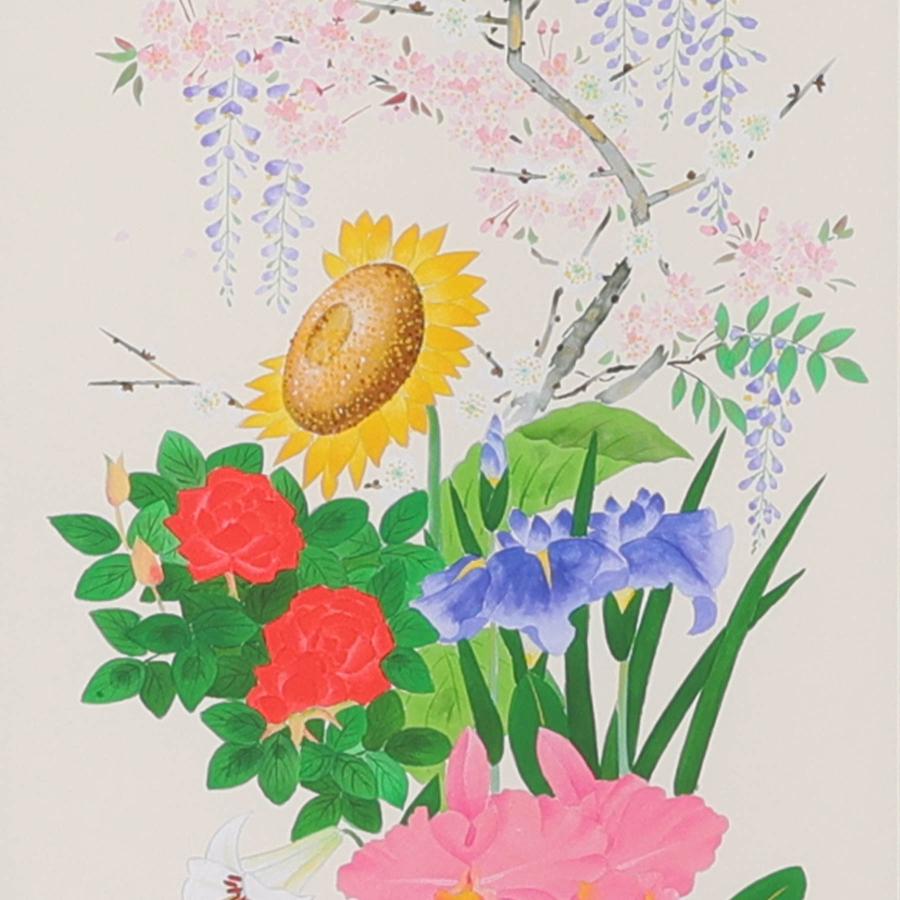 掛け軸 掛軸 「十二ヶ月誕生花」 河村蘇水 尺五立 サイズ：190×54.5cm 掛け軸 掛軸 年中掛け 常 和室 おしゃれ 日本画 表装 床の間 収納_4