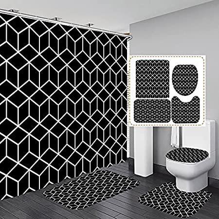 最大80％オフ！ with Sets Curtain Shower Black Geometric PCS 特別価格4 Non-Slip Lid好評販売中 Toilet and Rugs シャワーカーテン