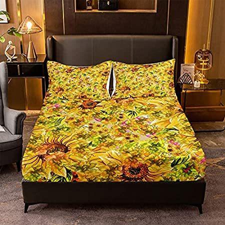 【初回限定お試し価格】 特別価格Garden Floral Bedding Sets Full Fitted Sheet with Yellow Sunflowers Print B好評販売中 マットレスカバー