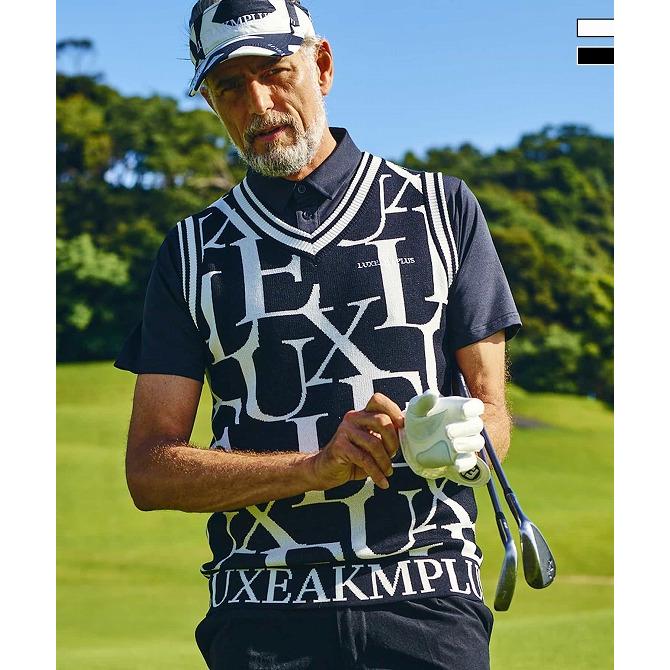 XL リュクスエイケイエムプラス 総柄ビッグロゴ ニットベスト ネイビー L リュクスエイケイエムプラス 総柄ビッグロゴ ニットベスト