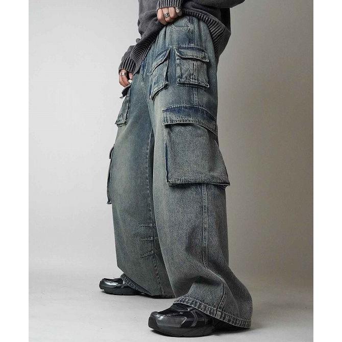 【美品】【特注一点物】デニムサルエルパンツ 古着ビンテージ韓国y2kグランジ リメイク風 デニム パンツ ダメージ 韓国 ストリート系 グランジ