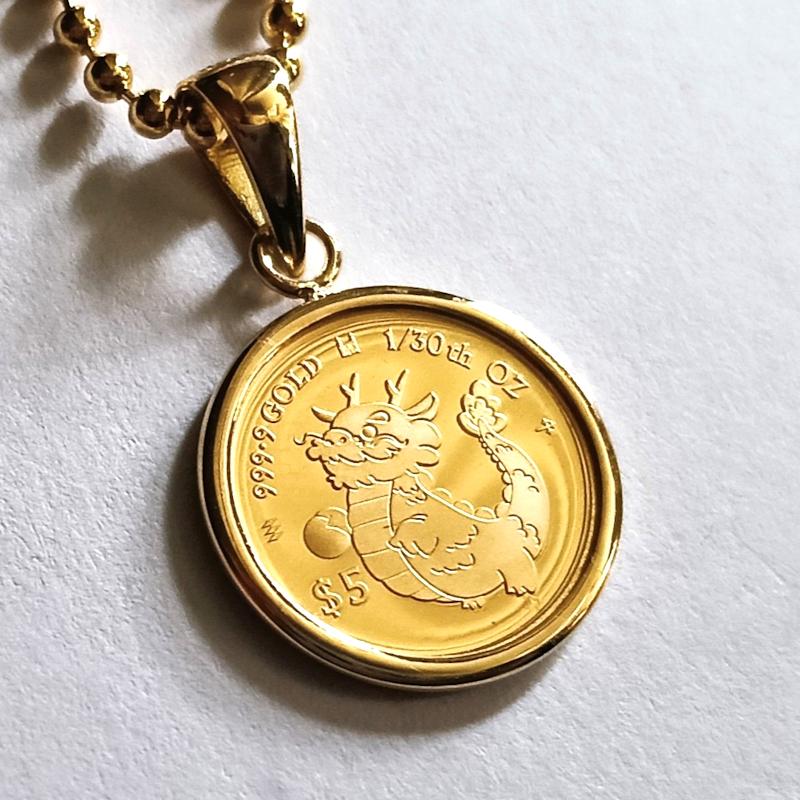 24金コイン ペンダント ドラゴン金貨 龍 1/30オンス 18金 伏せ込枠