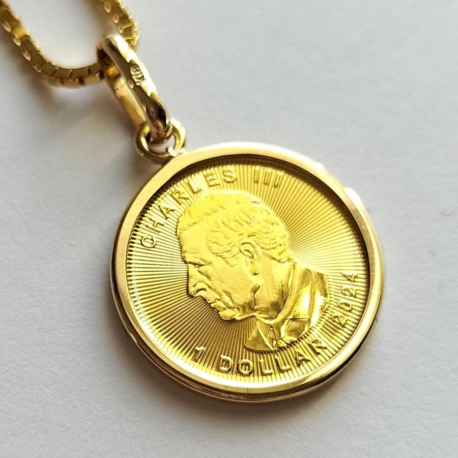 24金 メイプル金貨 1/20オンス 18金 シンプル枠 カナダ王室造幣局発行 純金ペンダント K24 コインネックレス サービスチェーン付き　※ガラスなしの画像