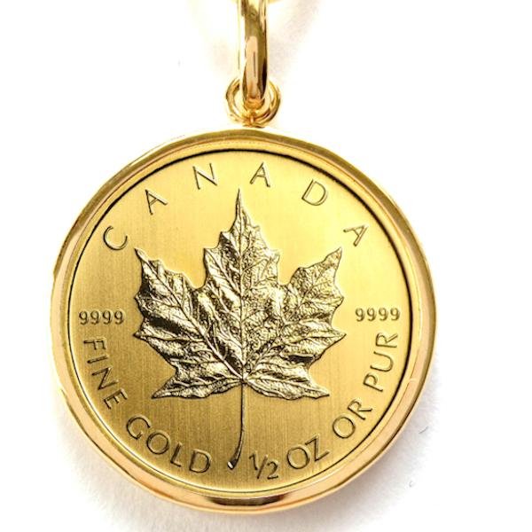 24金 メイプル金貨 1/2オンス 18金 シンプル伏込枠 純金