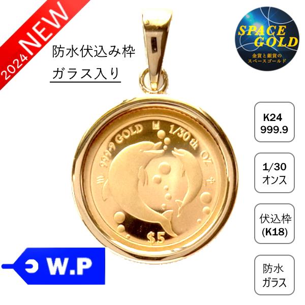 純金 コイン ネックレス 24金 イルカ金貨 1/30オンス 18金 防水ガラス