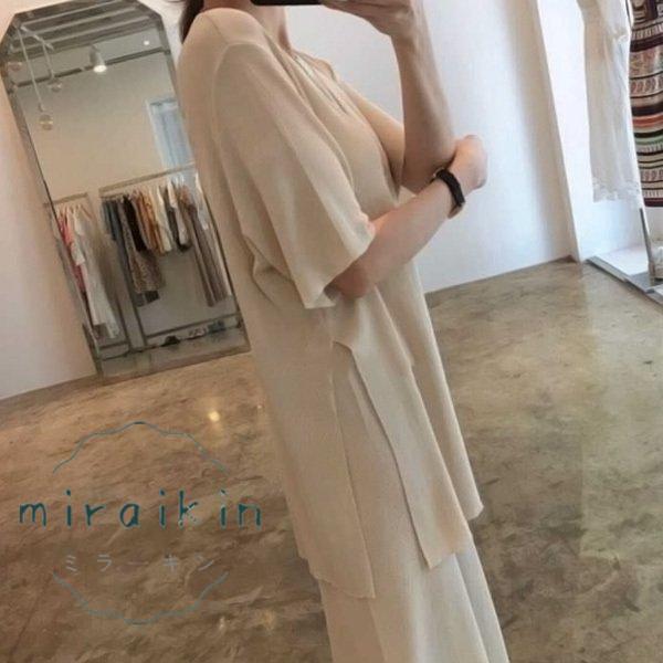 春夏 ホワイト ルーズ セットアップ セットアップ レディース サマーニット 上下セット 快適 半袖