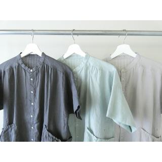 快晴堂(かいせいどう) 初秋まで着られるリネン 半袖スタンド背タック