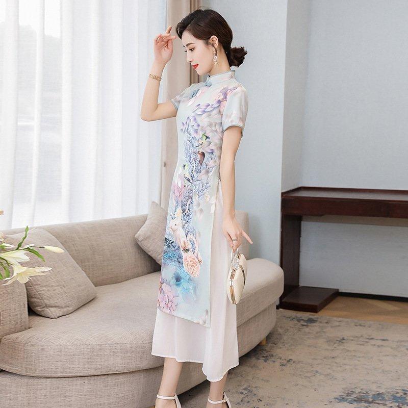 2021新作モデル チャイナドレス ベトナム アオザイ 刺繍花柄 薄手