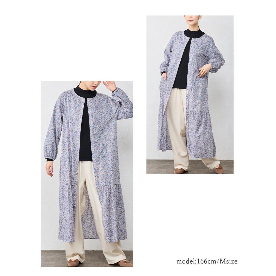 日本製 綿100 花柄ギャザーワンピース 長袖 ラウンドネック ポケット