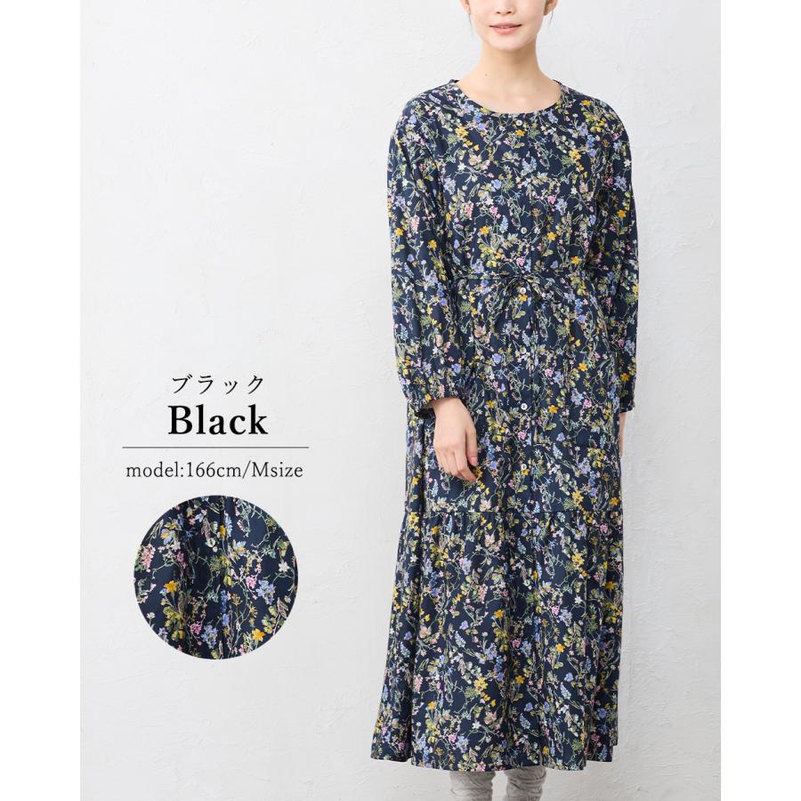 日本製 綿100 花柄ギャザーワンピース 長袖 ラウンドネック ポケット