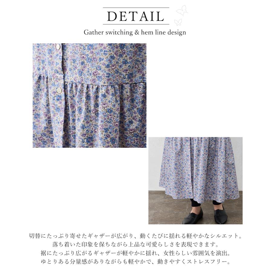 日本製 綿100 花柄ギャザーワンピース 長袖 ラウンドネック ポケット