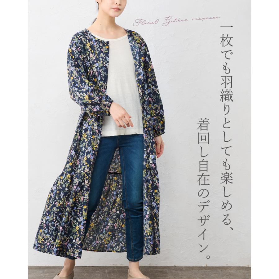 日本製 綿100 花柄ギャザーワンピース 長袖 ラウンドネック ポケット