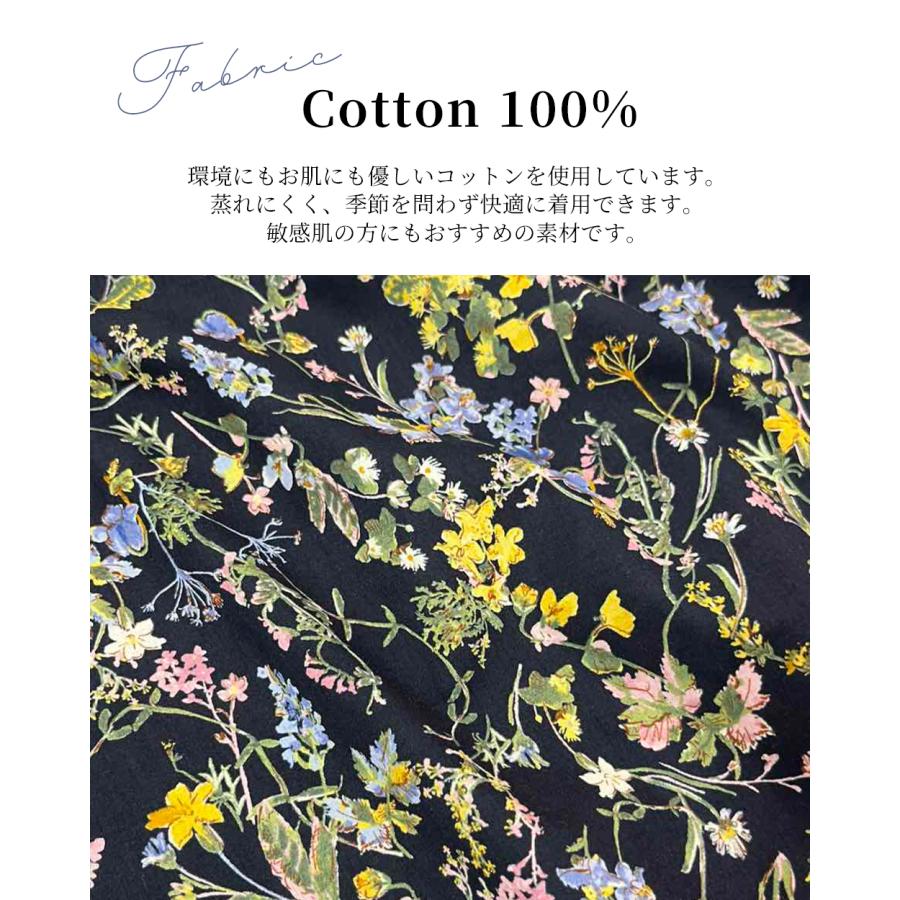 日本製 綿100 花柄ギャザーワンピース 長袖 ラウンドネック ポケット