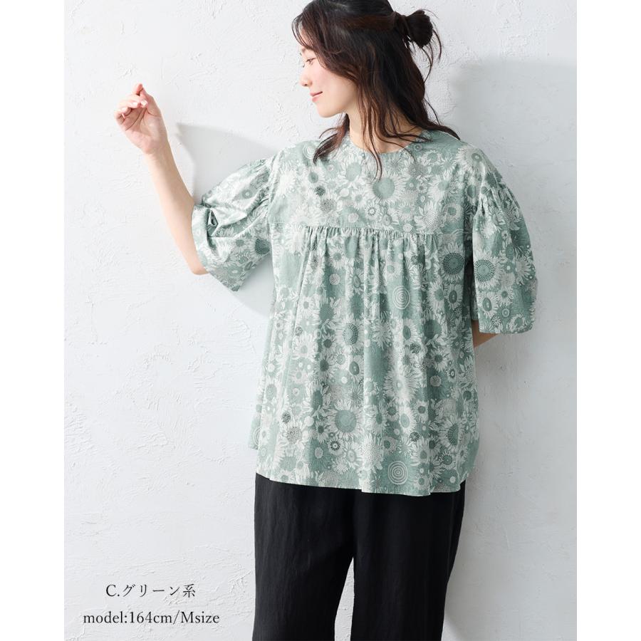 日本製 リバティ LIBERTY 5分袖 ブラウス シャツカラー 花柄 綿100 