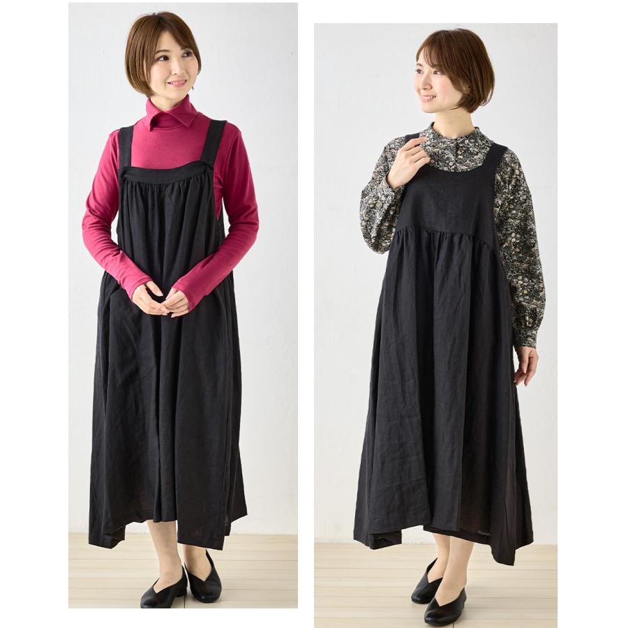 ジャンパースカート リネン ジャンスカ ワンピ ロング レディース 麻