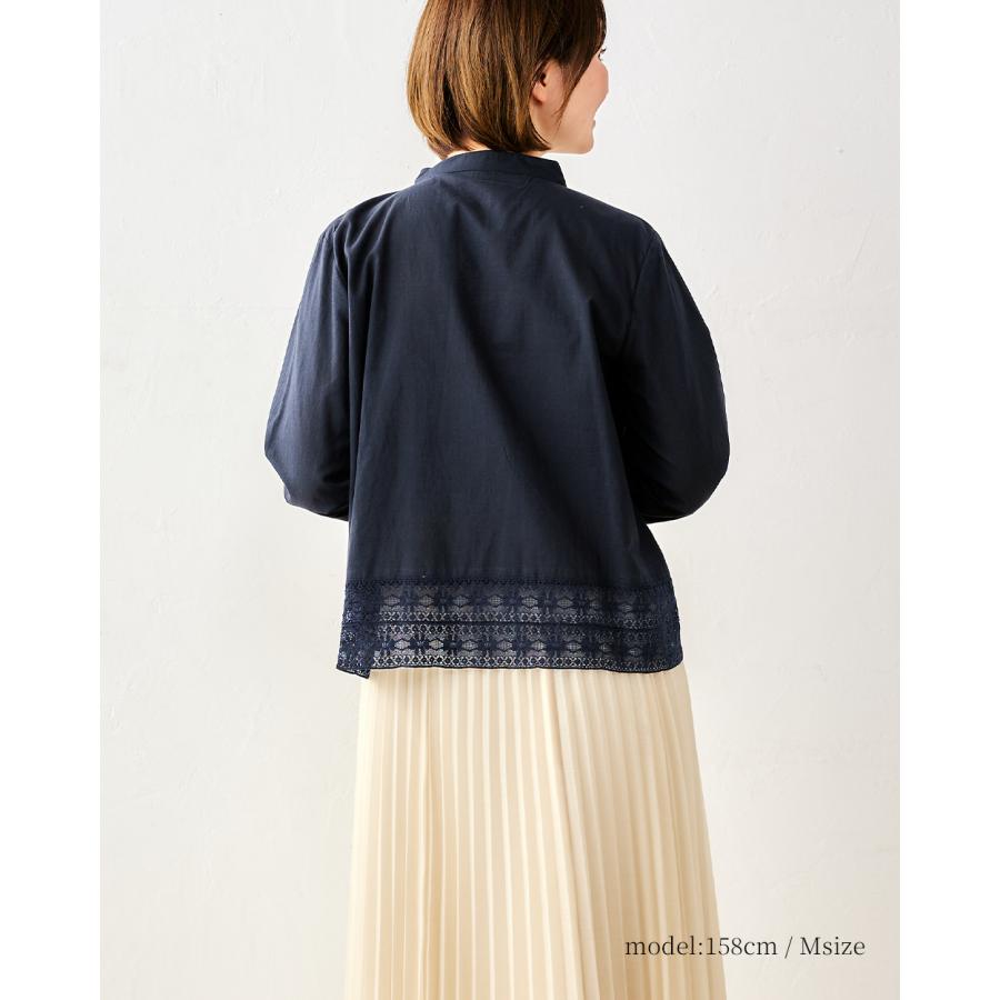 インド綿  ブラウス レディース 綿 春 夏 秋 体型カバー  スタンドカラー 長袖 コットンレースブラウス レース切替 体型隠し 部屋着 マタニティ お出かけ |  | 07