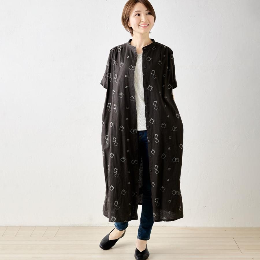 インド綿 ロングワンピース シャツワンピース シャツワンピ 2way コットンリネン 刺繍 ロング丈 五分袖 スクエア 276218 |  | 01