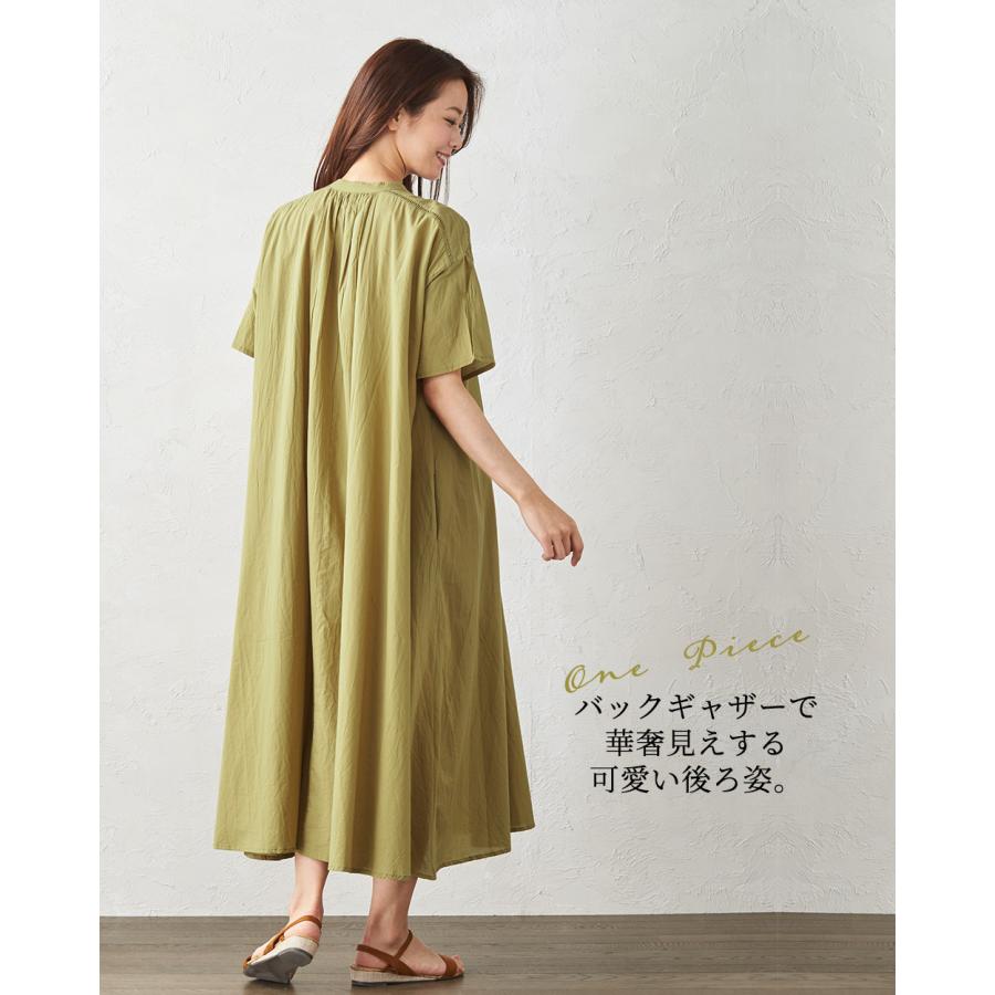 ワンピース ロング シャツワンピ ロングワンピ 半袖 綿 コットン バンドカラー ポケット ギャザー ピンタック レース Ａライン |  | 10