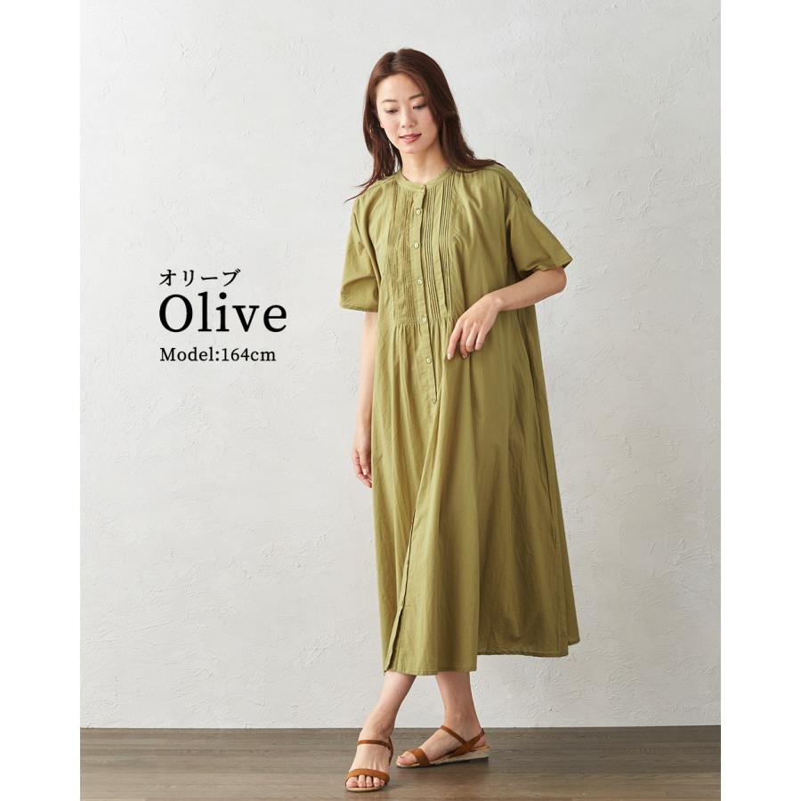 ワンピース ロング シャツワンピ ロングワンピ 半袖 綿 コットン バンドカラー ポケット ギャザー ピンタック レース Ａライン |  | 11