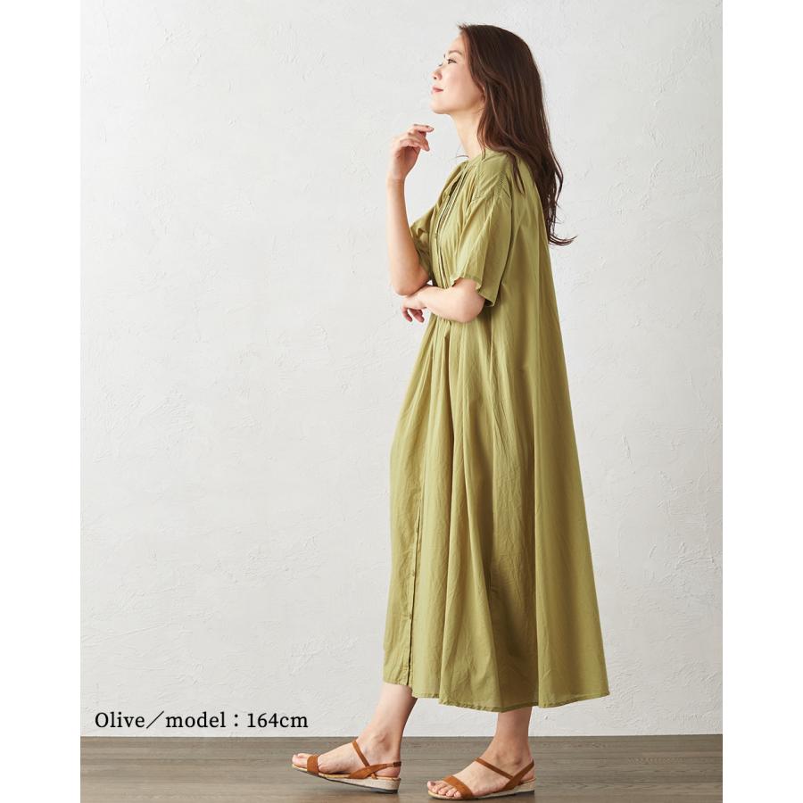 ワンピース ロング シャツワンピ ロングワンピ 半袖 綿 コットン バンドカラー ポケット ギャザー ピンタック レース Ａライン |  | 12