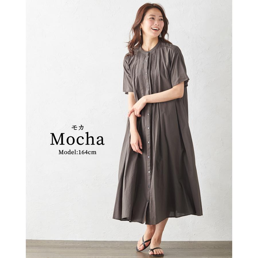 ワンピース ロング シャツワンピ ロングワンピ 半袖 綿 コットン バンドカラー ポケット ギャザー ピンタック レース Ａライン |  | 15