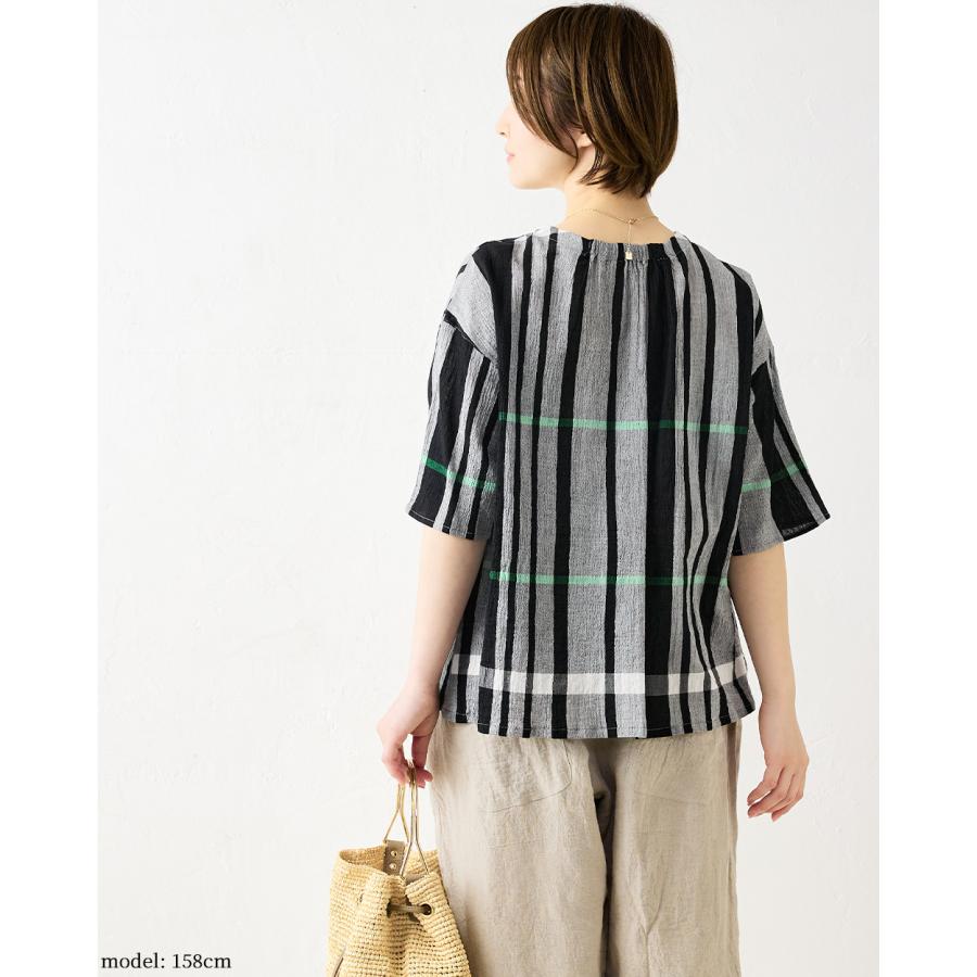 45R コットンチェック柄チュニックブラウス インディゴ ネイビー　０ 袖口リブ付先染めチェック柄チュニックブラウス（サイドポケット付
